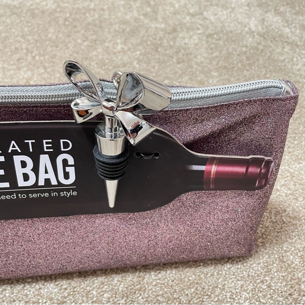 NEW Insulated Wine Bottle Carrier Bag Glitter Pink Silver Bow Stopper Bride - Picture 6 of 13